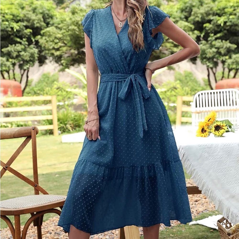 Blue wrap dress with swiss dots